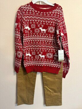NWT Stitch & Stone Boys Size 12 Holiday Reindeer Fair Isle Sweater & Corduroy